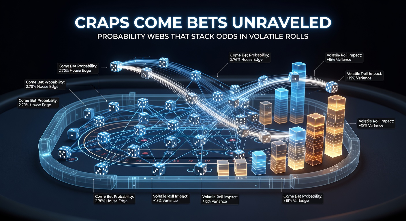 Detaillierte Grafik eines Craps-Layouts mit aktiven Come Bets, Odds und einem Netz aus Wahrscheinlichkeitslinien, die volatile Szenarien darstellen