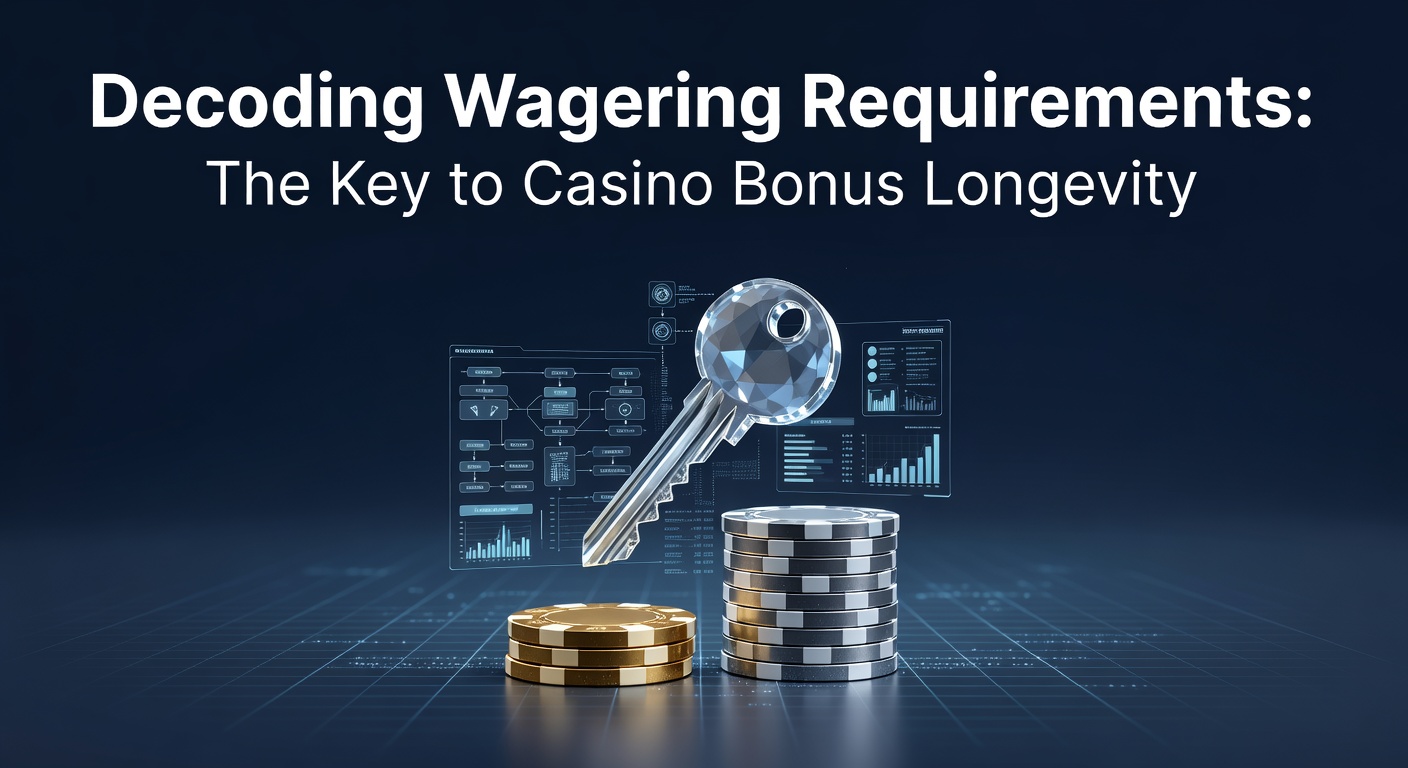 Grafik mit Casino-Chips und einem Schloss, das Wagering Requirements symbolisiert, vor einem Hintergrund aus Spielautomaten und Bonus-Symbolen