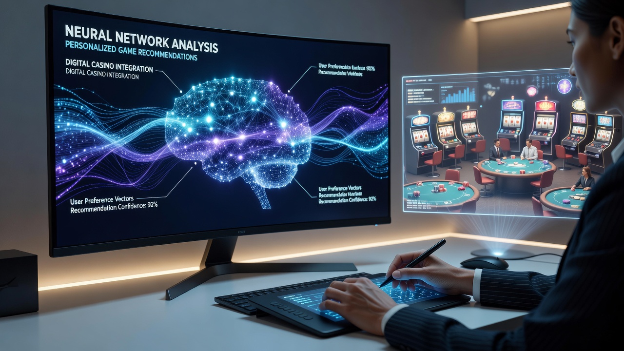 Darstellung eines neuronalen Netzwerks mit Spielsymbolen und Datenströmen in einem digitalen Casino-Interface