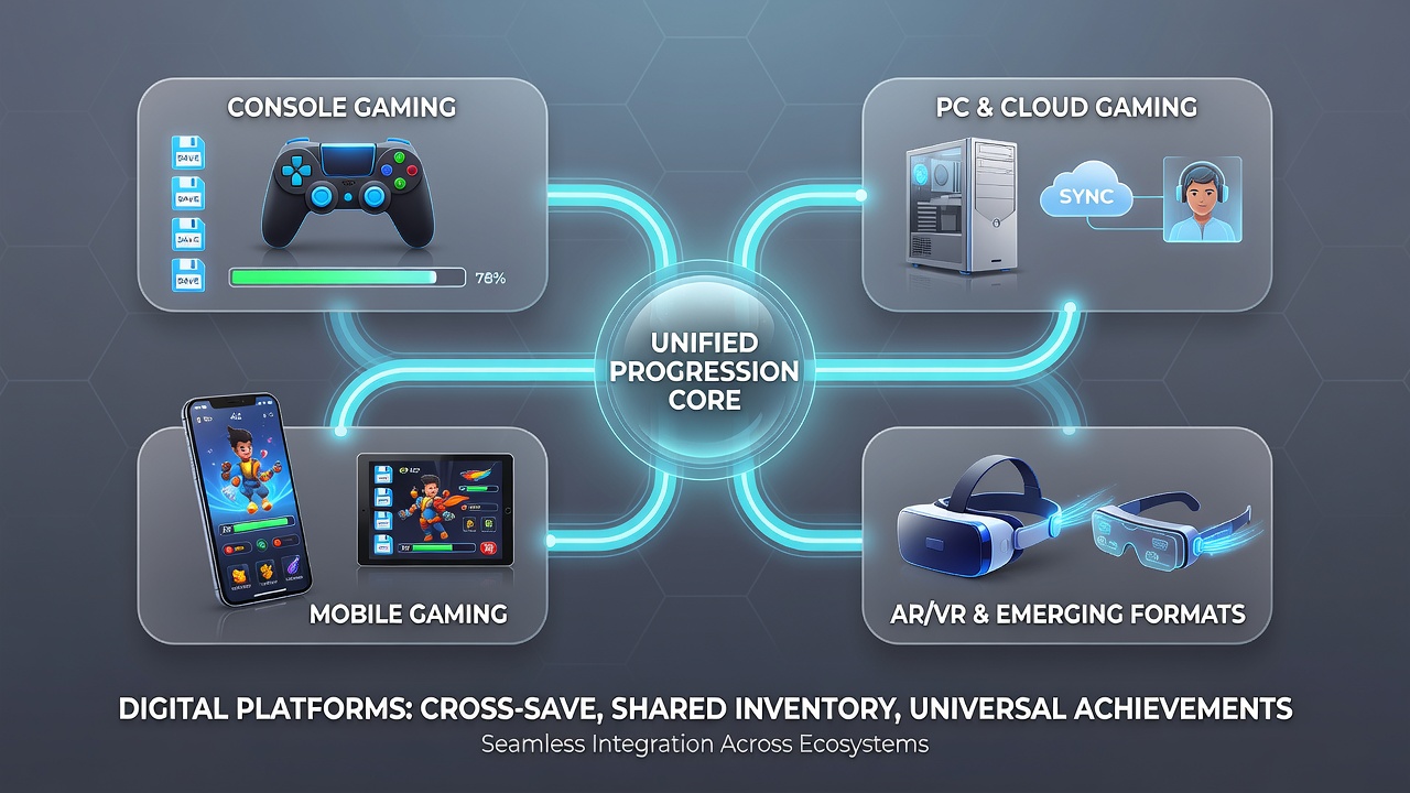 Illustration von synchronisierten Fortschrittsdaten zwischen verschiedenen Gaming-Formaten