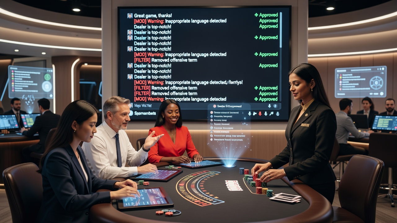 Live-Casino-Chat-Moderation in Aktion mit Spielern an einem virtuellen Tisch