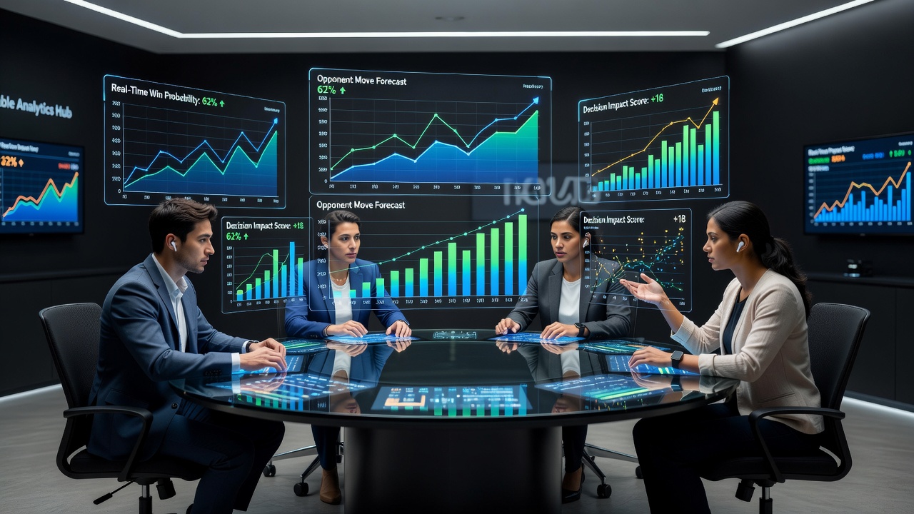 Spieler an virtuellen Tischen mit interaktiven Datenvisualisierungen und Echtzeit-Statistiken auf dem Bildschirm