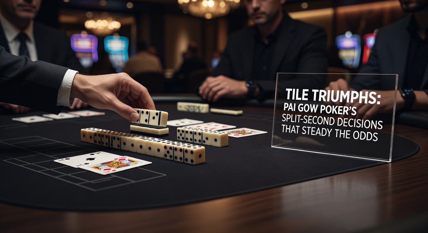 Nahaufnahme einer Pai Gow Poker-Handaufteilung mit Strategie-Chart im Hintergrund – zeigt kritische Momente der Entscheidungsfindung.