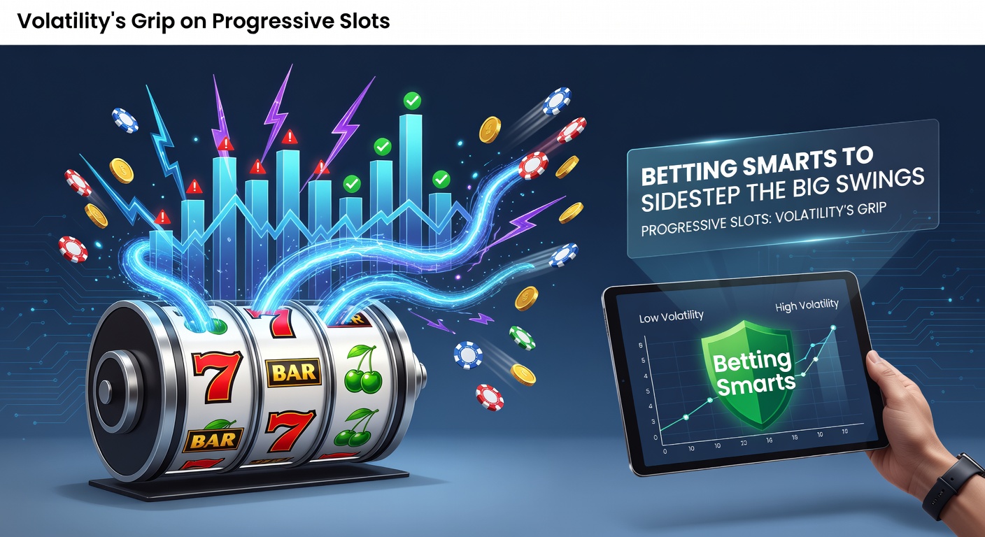 Ein dynamisches Bild von progressiven Slot-Maschinen mit steigenden Jackpots und volatilen Gewinnkurven, das die Spannung der großen Schwankungen einfängt