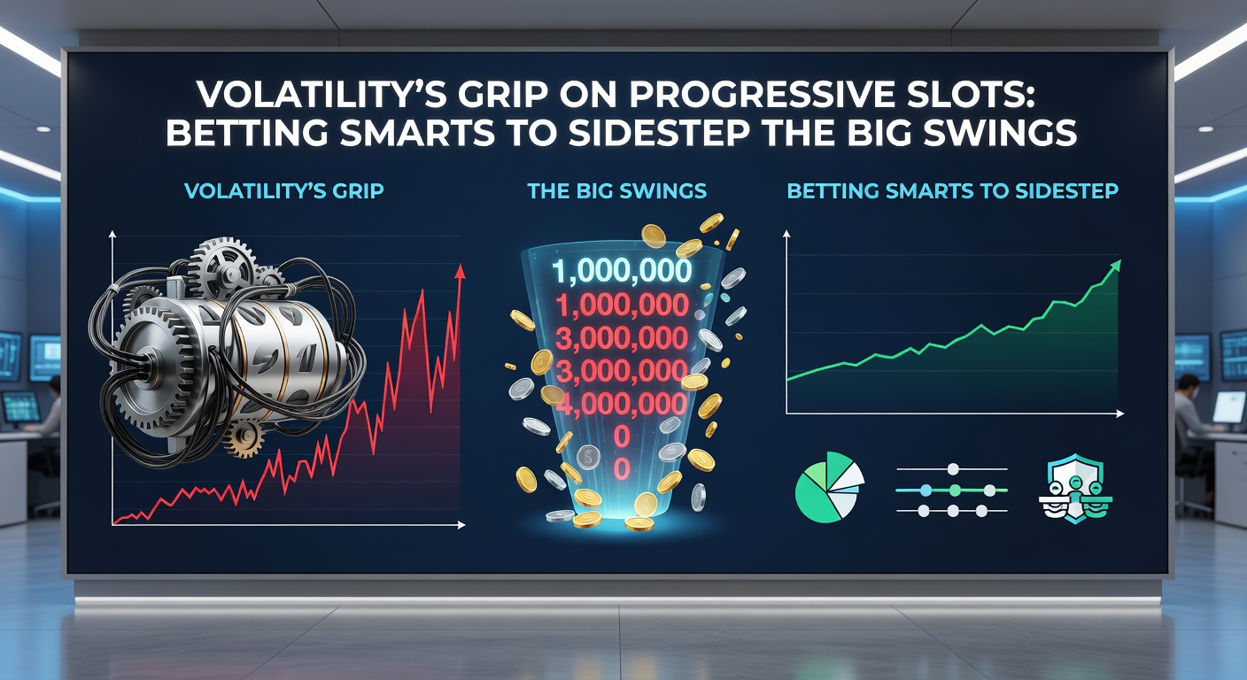 Grafik mit Volatilitätskurven progressiver Slots, die große Schwankungen und smarte Bet-Strategien visualisiert, inklusive Jackpot-Wachstumslinien